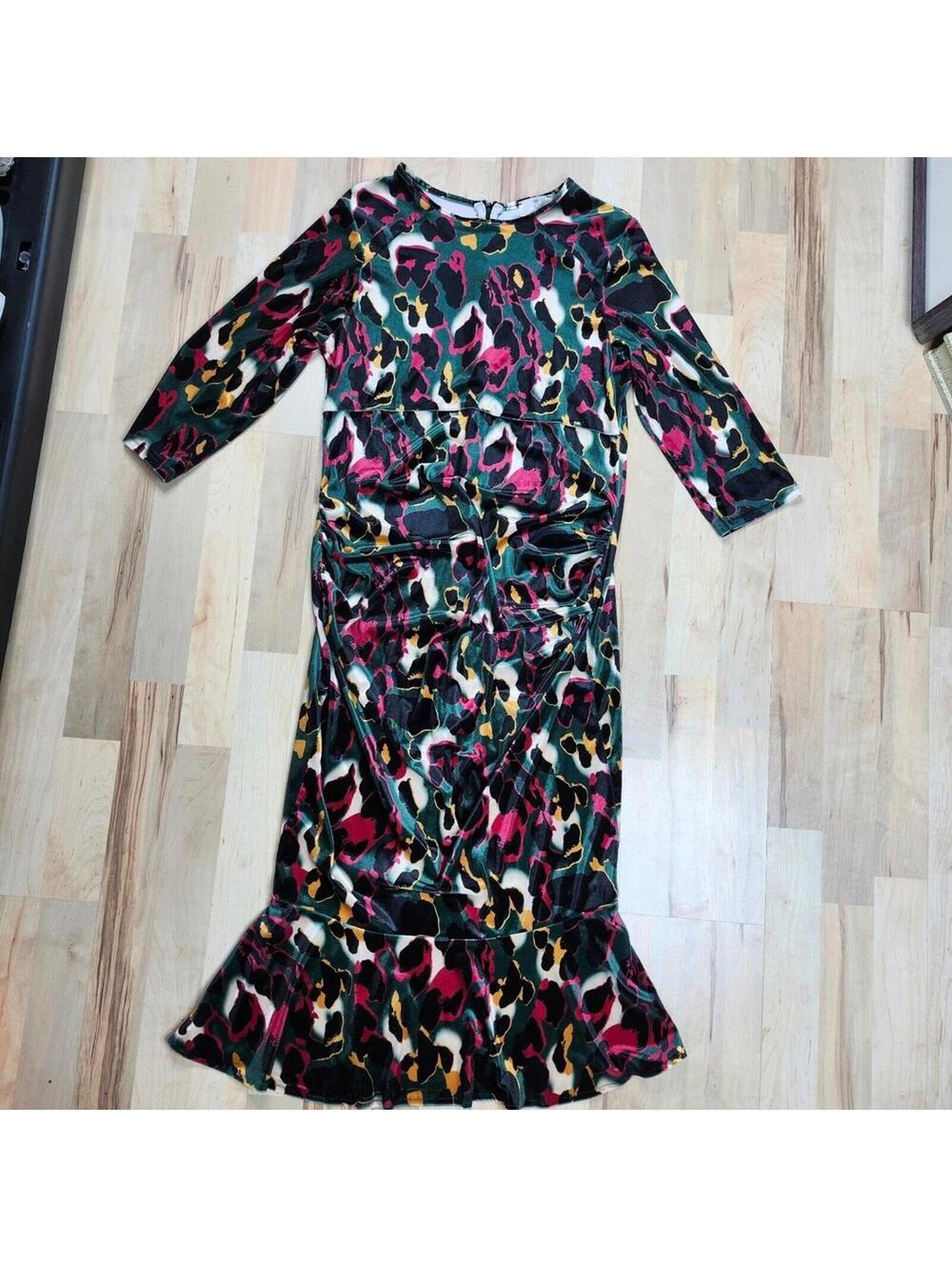 Maternity Maxi Dress Abstract Print 3/4 Sleeve Ruched Bodycon Women's Size 16
